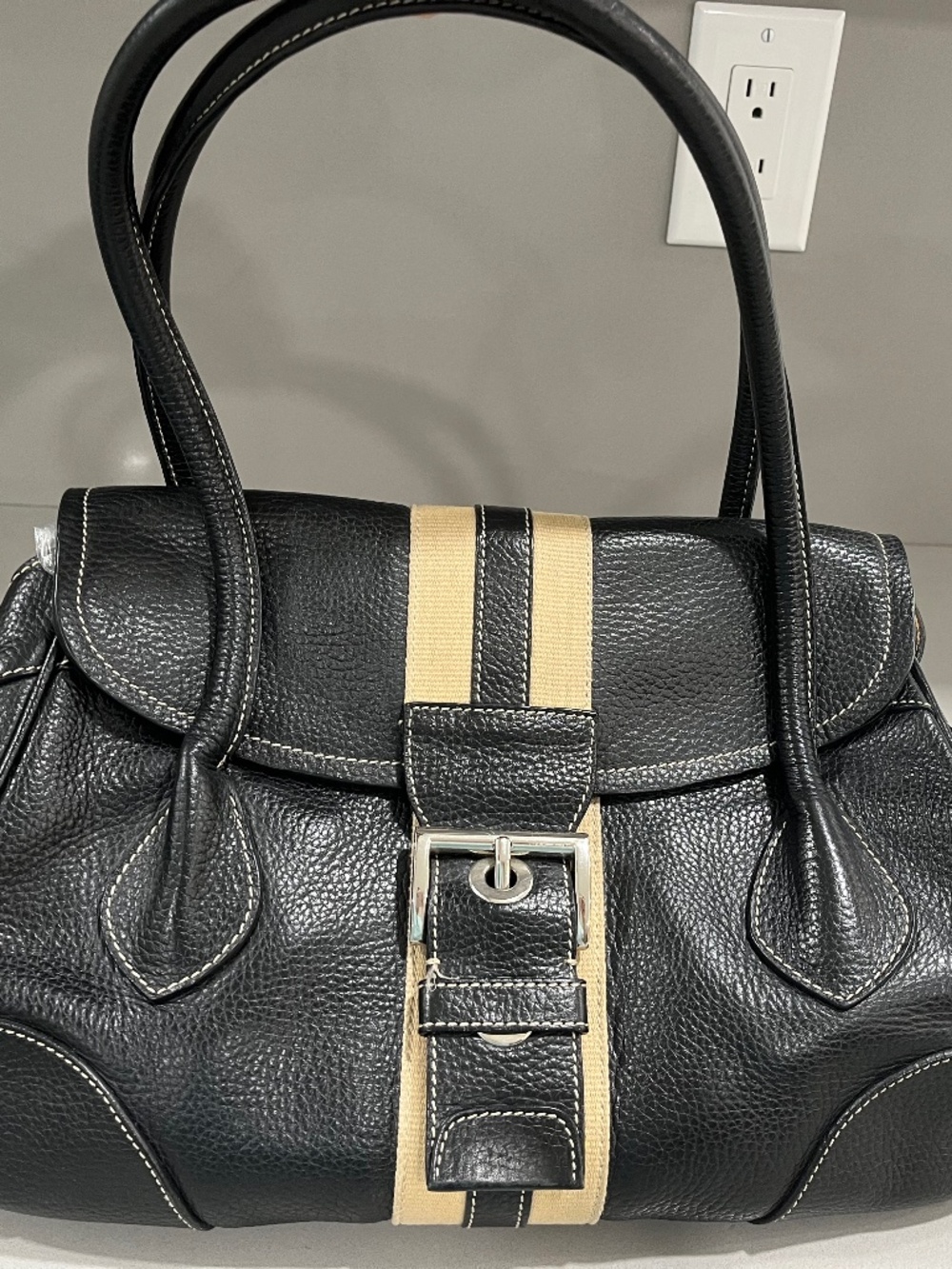 Prada Black Handbag with Beige Accent.